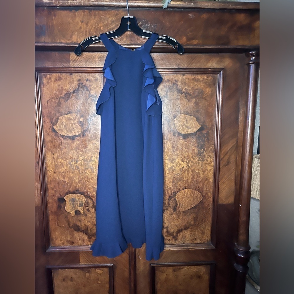 EUC Trina Turk- Navy Blue Halter Ruffle Dress. Size 0.